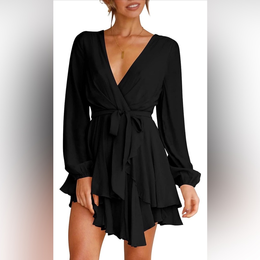 Cosonsen Women's Deep V-Neck Long Sleeve Tie Waist Ruffle Mini Swing Dress